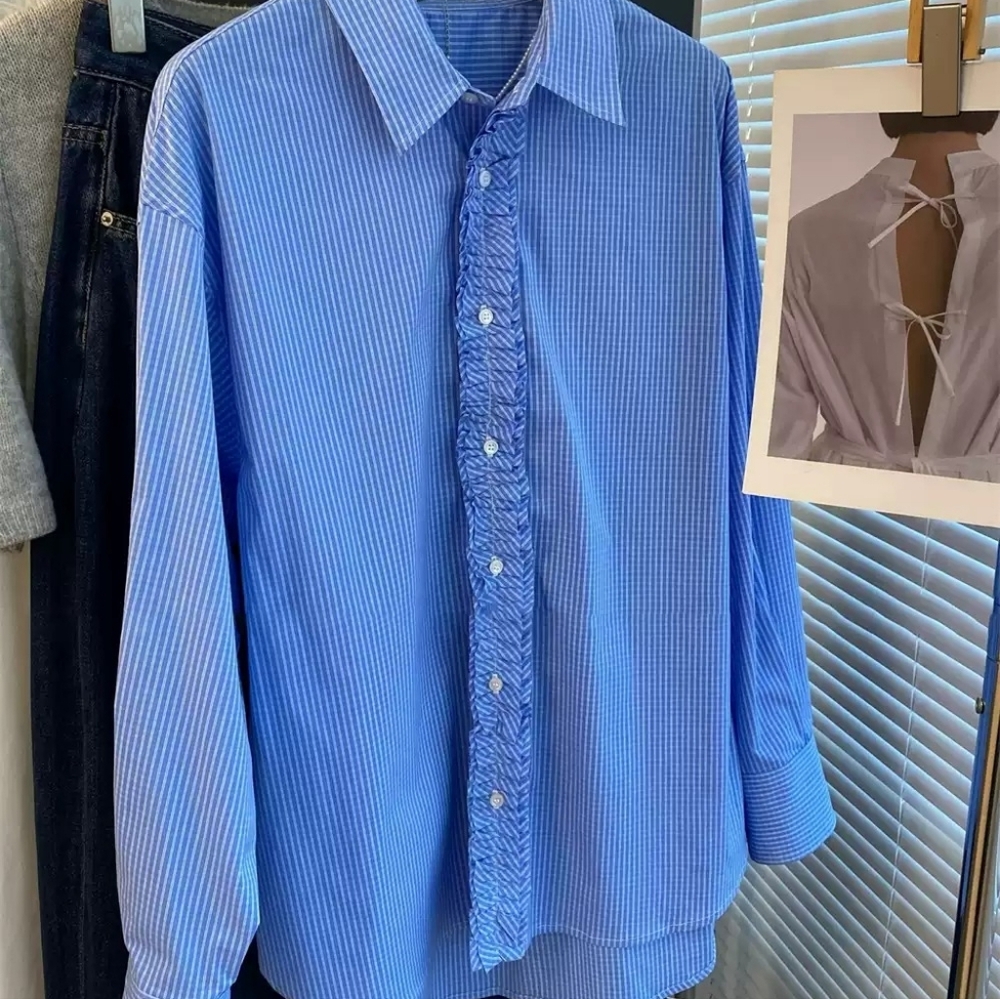 Blue Gingham Ruffle Front Long Sleeve Shirt